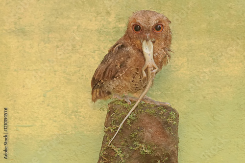 A Javan scops owl preying on a common sun skink. This nocturnal bird has the scientific name Otus lempiji. photo