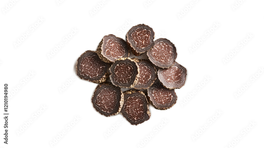 Obraz premium Freshly Sliced Black Truffles Displayed on a White Background