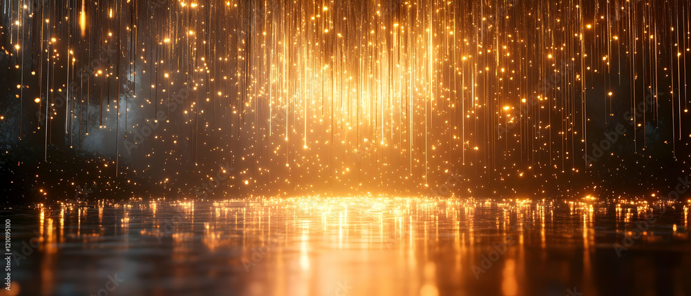 Fototapeta premium Golden rain stage, dark background, event backdrop