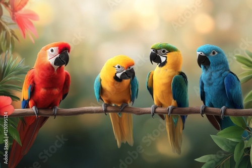 A vibrant digital illustration of a tropical bird aviary, with colorful birds flying among vivid plants and flowers under soft sunlight photo