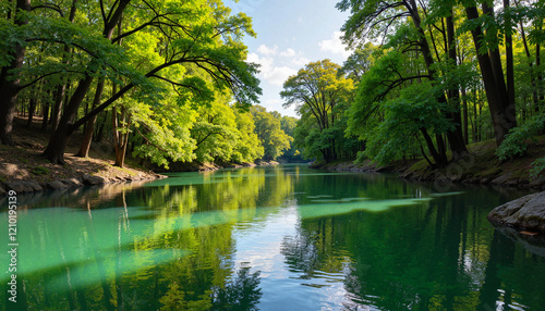 Tranquil green river reflecting sunlight in serene forest, nature's beauty