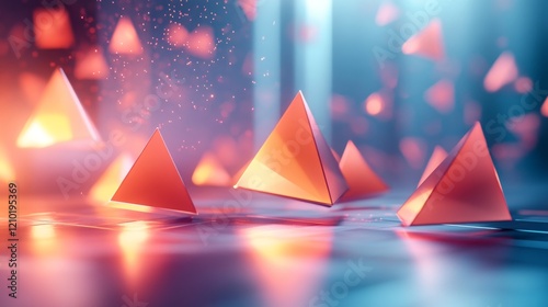 Abstract pyramids glowing in vibrant orange and blue light photo