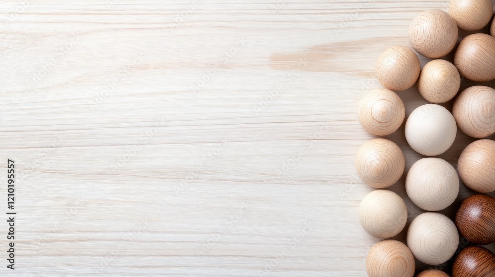 Wooden spheres on light wooden surface arranged in gradient pattern Wooden spheres on light wooden surface arranged in gradient pattern