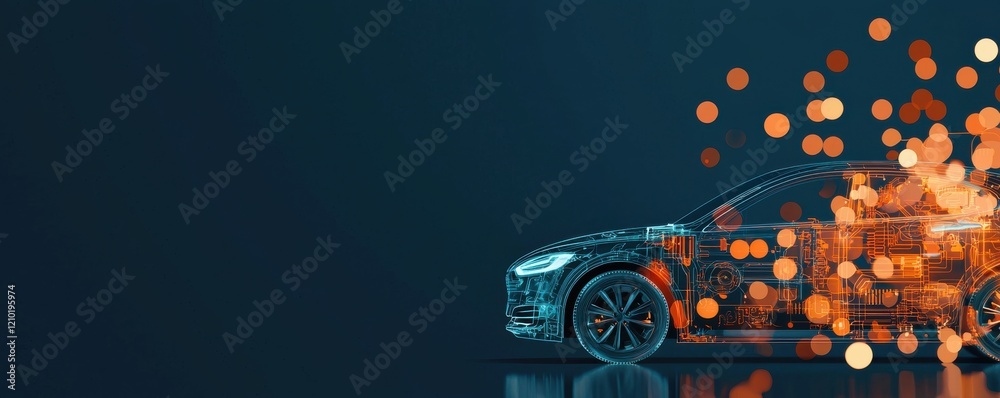 A sleek, futuristic car graphic with dynamic, glowing particles, suggesting advanced technology and innovation in automotive design. A sleek, futuristic car graphic with dynamic, glowing particles, suggesting advanced technology and innovation in automotive design.