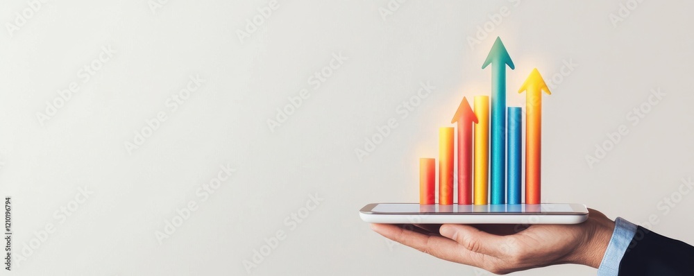 Fototapeta premium A hand holds a tablet displaying rising bar graphs with arrows, symbolizing growth, progress, and data analysis in a modern context.
