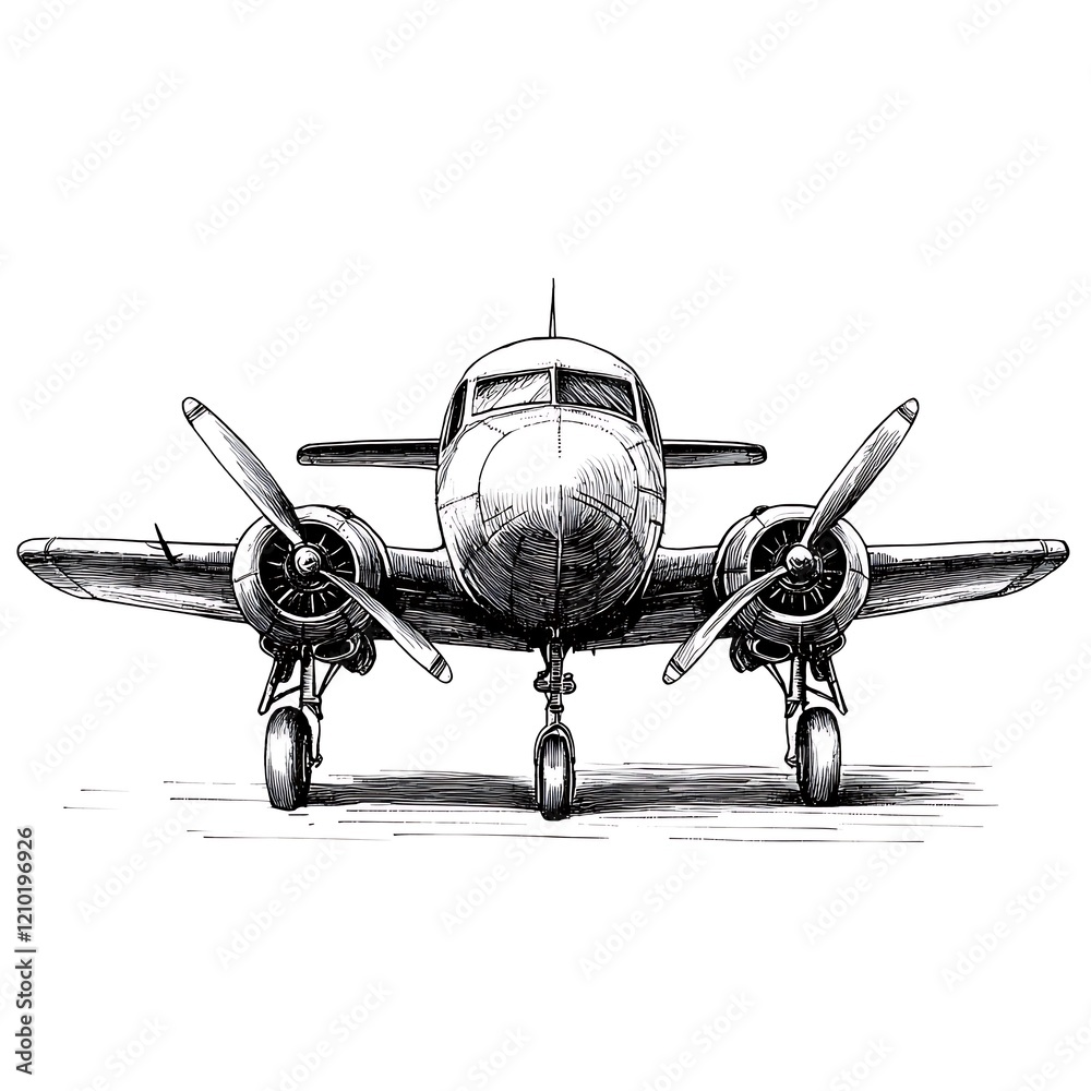 Fototapeta premium Vintage airplane drawing, front view. Hand drawn sketch of a propeller plane.