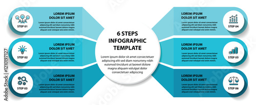 6 steps infographic template with 6 options. Flowchart that can be used for business report, data visualization and presentation. Timeline infographic elements vector illustration.