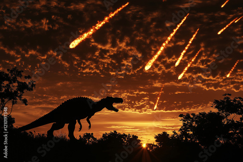 Falling meteors over dinosaurs in a prehistoric valley