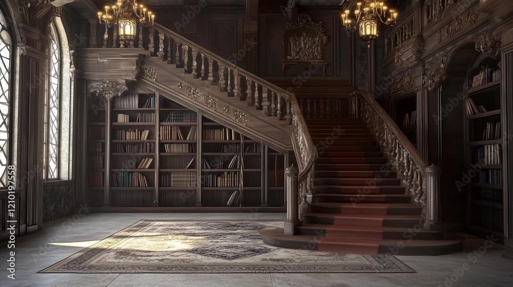 Obraz premium Interior of an old library with a large staircase, ornate wooden bookshelves, and a carpeted floor