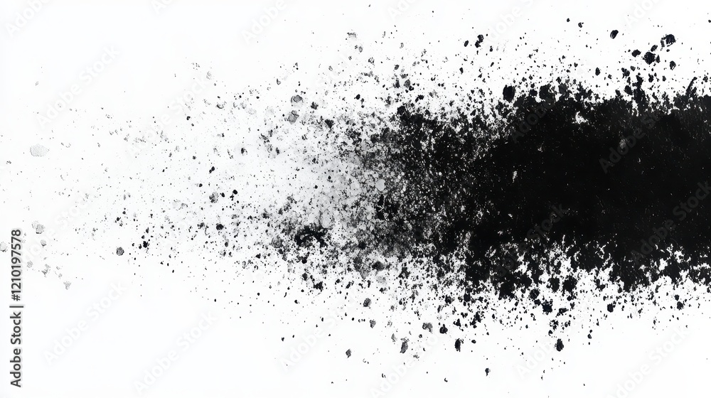 Fototapeta premium Abstract Black Powder Explosion Scattered Dust Granular Texture White Background