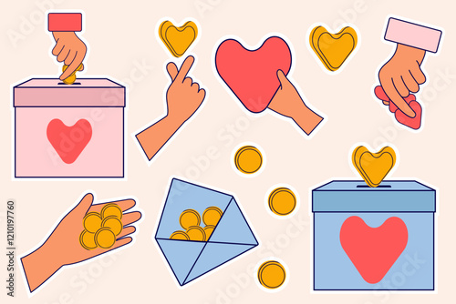 Donation and charity concept stickers. Hands holding heart shaped coins. Donation box and envelope with coins. Modern isolated vector illustration.