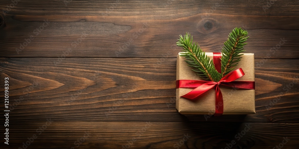 A Rustic Brown Gift Box with a Red Ribbon and Evergreen Sprig on a Wooden Surface A Rustic Brown Gift Box with a Red Ribbon and Evergreen Sprig on a Wooden Surface