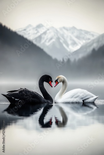 Fototapeta Naklejka Na Ścianę i Meble -  Two swans grace a tranquil lake against a backdrop of misty mountains at dawn, showcasing striking contrasts of black and white plumage