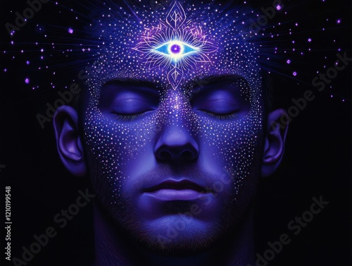 Mystical portrait of a person with glowing third eye and cosmic patterns in a dark setting