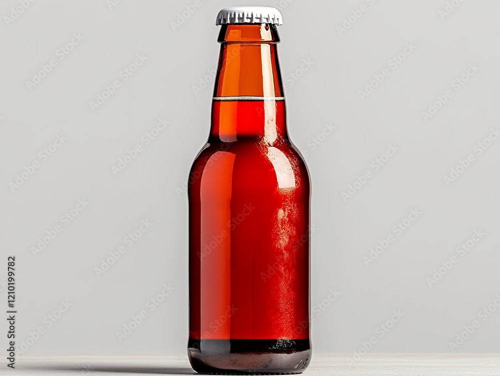 Glass bottle filled with amber liquid and a metallic cap reflecting light against a neutral background Glass bottle filled with amber liquid and a metallic cap reflecting light against a neutral background