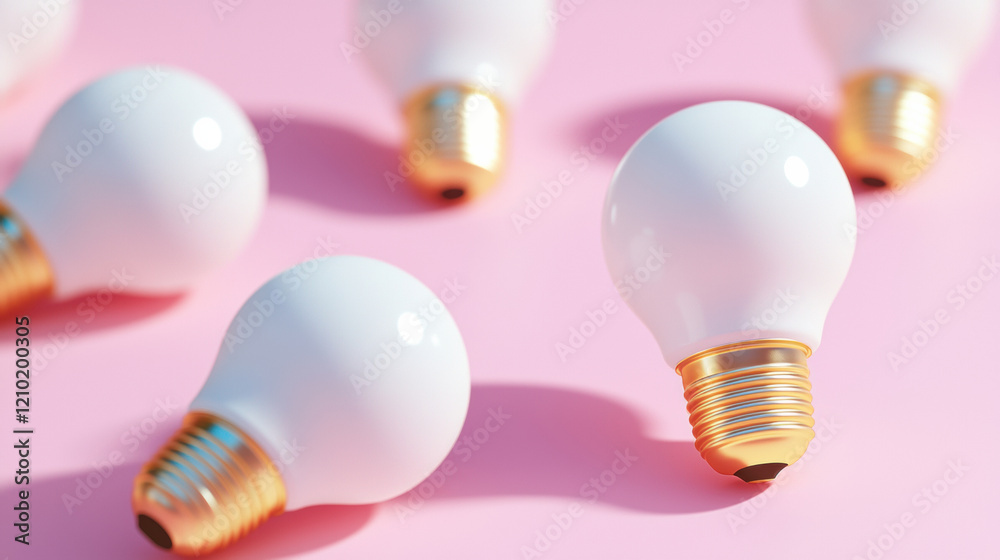 Artistic light bulbs with minimalist shadows on pink background