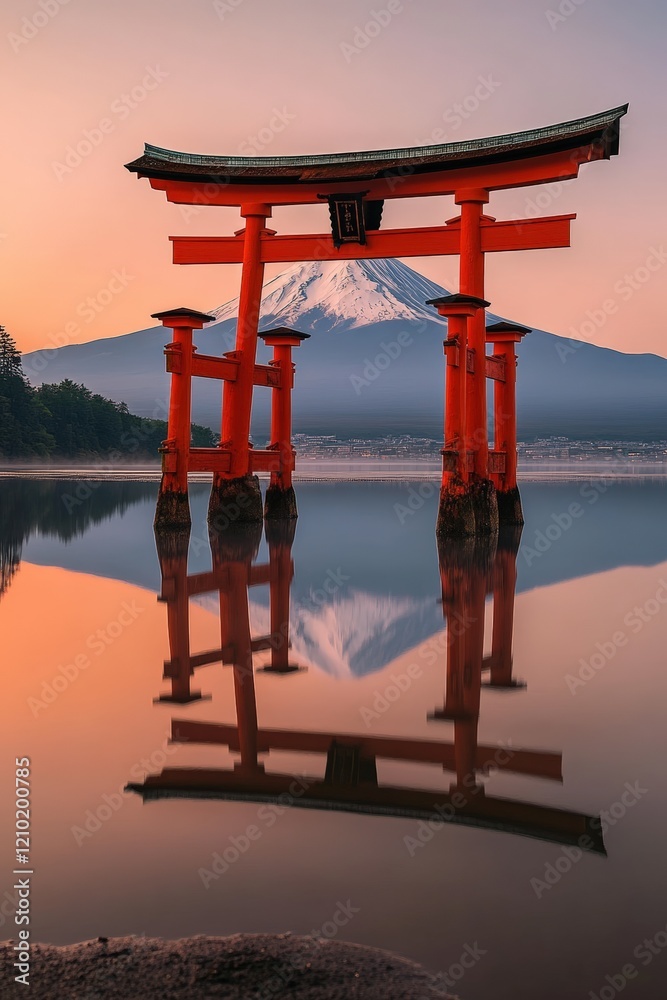 Torii gate at sunset reflecting in water with Mount Fuji in the background, symbolizing Japanese culture, spirituality, and natural beauty in serene landscape. Torii gate at sunset reflecting in water with Mount Fuji in the background, symbolizing Japanese culture, spirituality, and natural beauty in serene landscape.