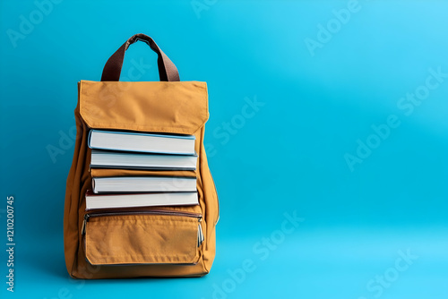fully loaded school backpack with books on a minimalist blue background