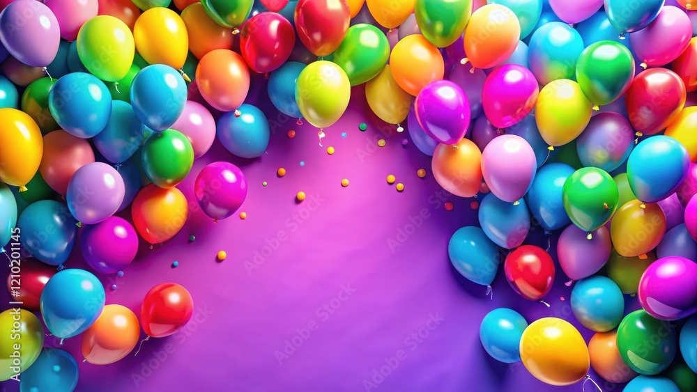 A vibrant collection of colorful balloons and confetti, arranged to create a festive and celebratory backdrop