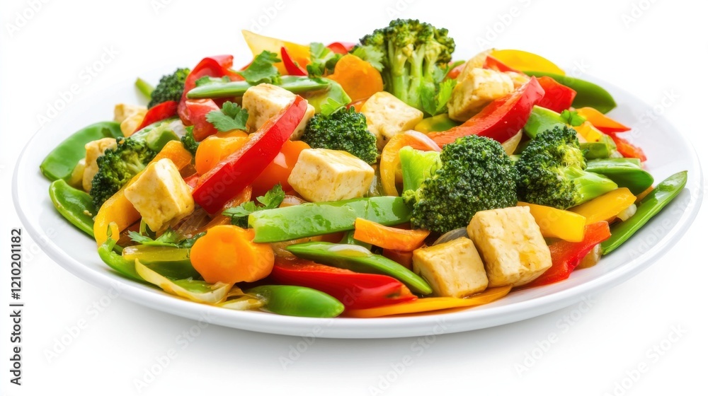 A colorful plate of vegetable stir-fry with bell peppers, broccoli, carrots A colorful plate of vegetable stir-fry with bell peppers, broccoli, carrots