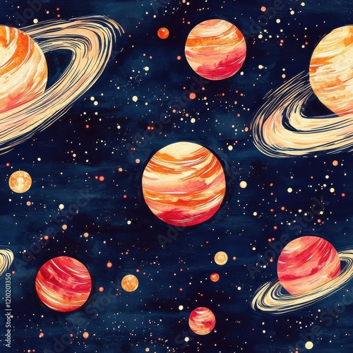 Astrological doodle of planets and rings in a vibrant watercolor galaxy setting photo