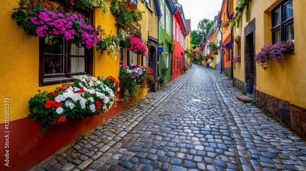 Fototapeta premium A vibrant cobblestone street in a European old town, featuring colorful facades and blooming flower boxes in warm afternoon light.