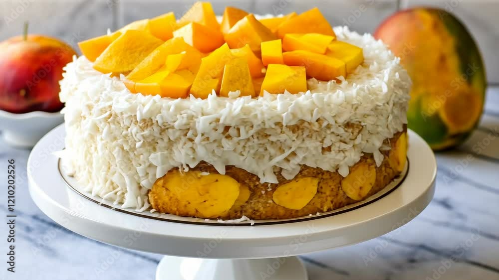 Delicious mango and coconut cake topped with fresh fruit on a marble countertop Delicious mango and coconut cake topped with fresh fruit on a marble countertop