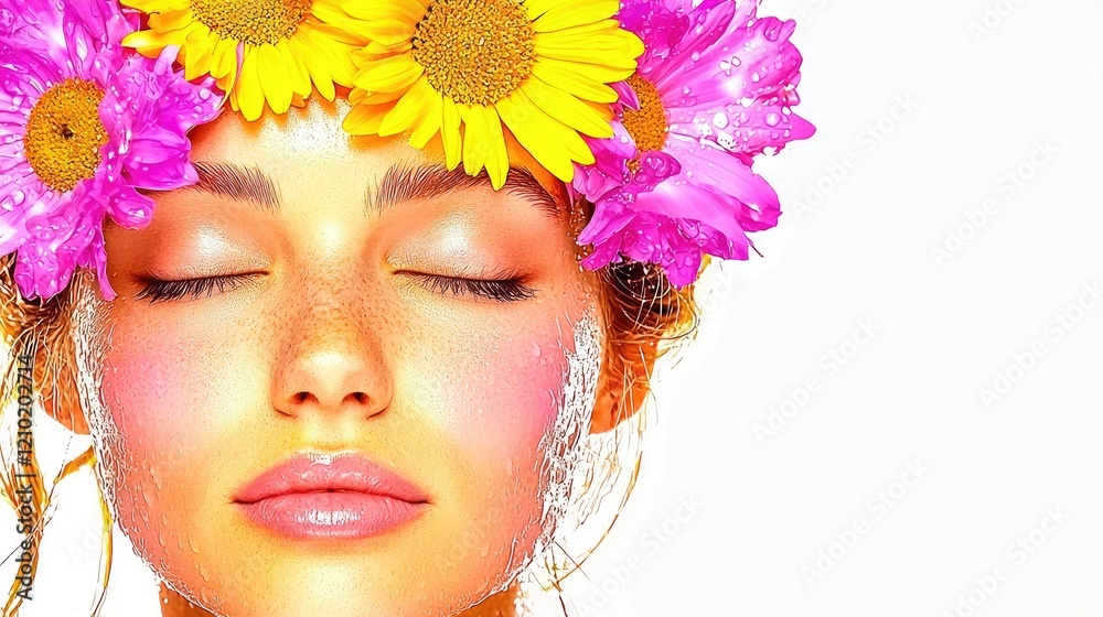Woman, flowers, summer, beauty, skincare, serene, closeup, white background, advertisement Woman, flowers, summer, beauty, skincare, serene, closeup, white background, advertisement
