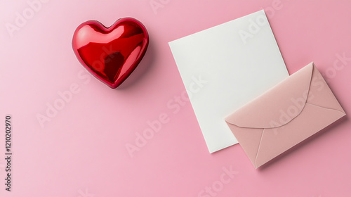 Valentine's Day greeting card template featuring a clean white card placed next to a soft pink envelope photo