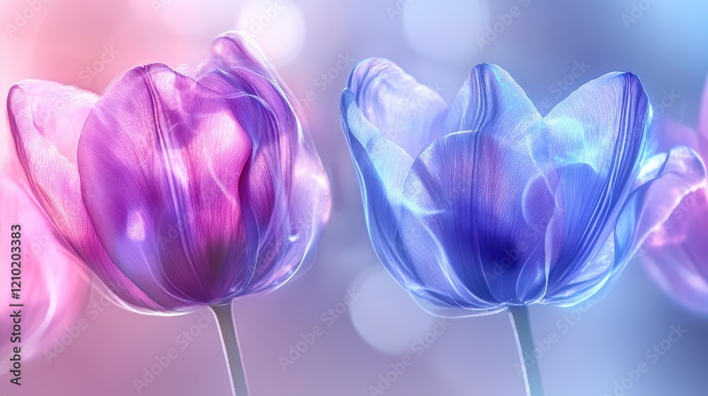 Fototapeta premium Dreamy Purple and Blue Tulips Delicate Floral Close up with Soft Bokeh Background