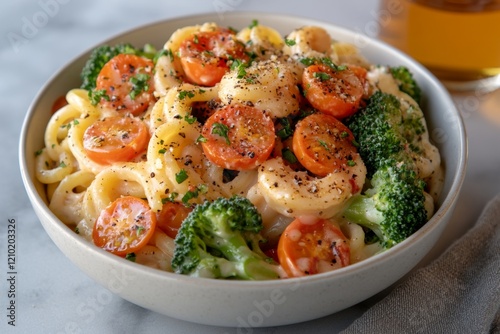 A bowl of zucchini pasta primavera, with mixed vegetables like broccoli, carrots, and cherry tomatoes in a light garlic butter sauce photo