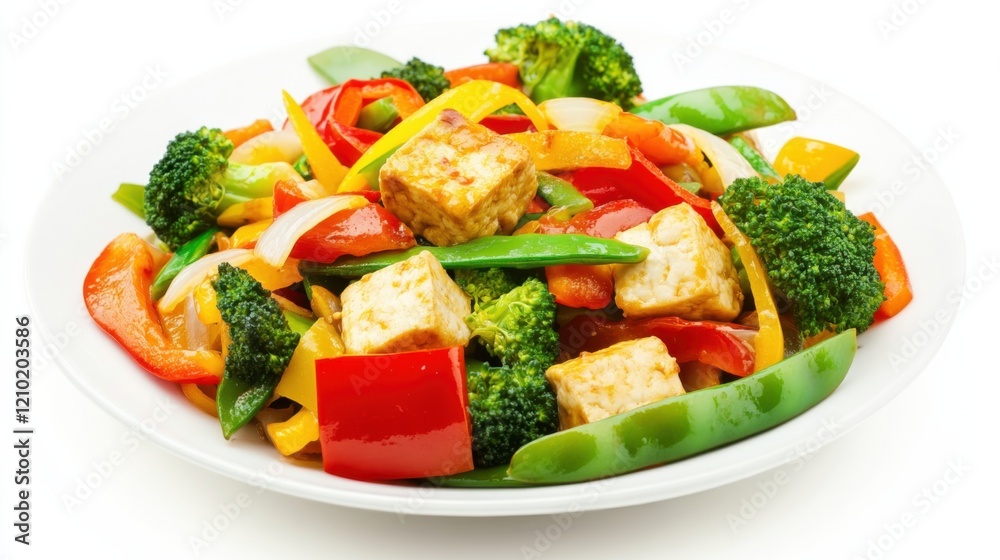 A colorful plate of vegetable stir-fry with bell peppers, broccoli, carrots A colorful plate of vegetable stir-fry with bell peppers, broccoli, carrots