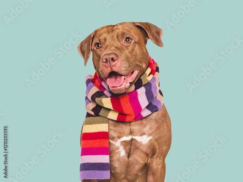 Photography Cute dog and knitted winter scarf