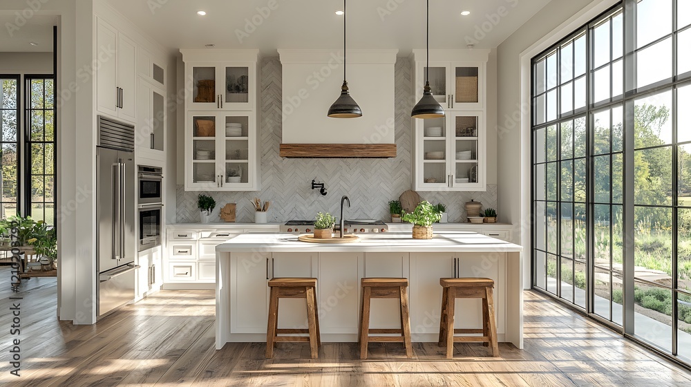 Fototapeta premium High-end white kitchen with hardwood floors and sleek built-in appliances, realistic 8K resolution,