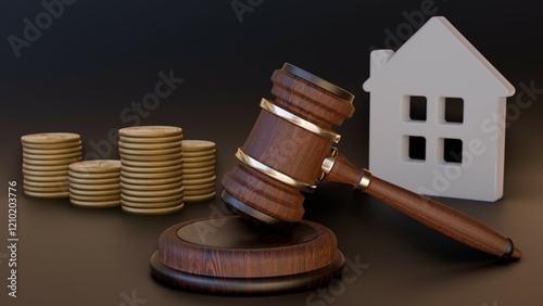 Auctions Gavel, House and money. Auction and justice concept.