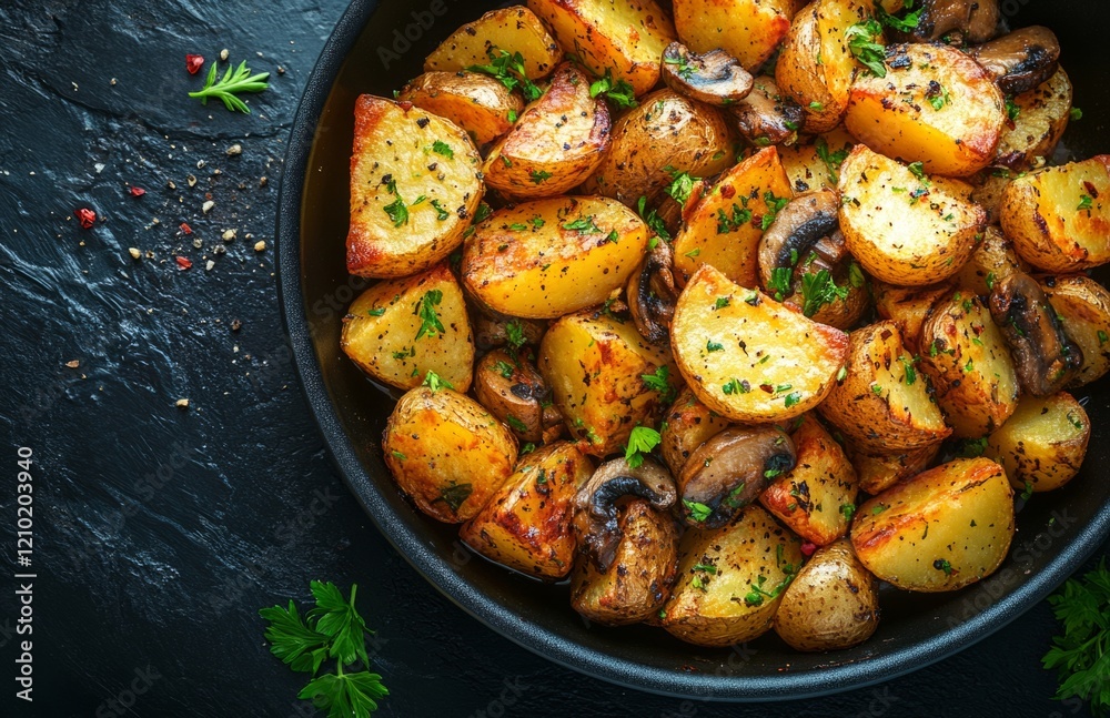 Fried Potatoes with Mushrooms in a Black Pan on Dark Background Fried Potatoes with Mushrooms in a Black Pan on Dark Background