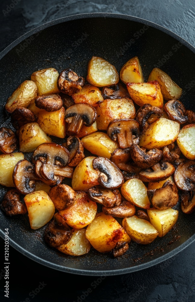 Fried Potatoes with Mushrooms in a Black Pan on Dark Background Fried Potatoes with Mushrooms in a Black Pan on Dark Background