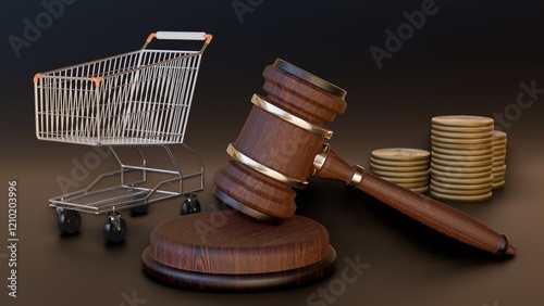 Auctions Gavel, Shopping Cart and money. Auction and justice concept.