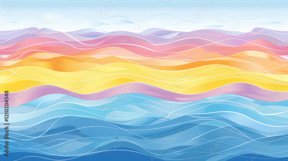 Vibrant abstract waves in pastel colors create serene ocean scene, blending shades of blue, pink, yellow, and purple. flowing lines evoke sense of calm and tranquility Vibrant abstract waves in pastel colors create serene ocean scene, blending shades of blue, pink, yellow, and purple. flowing lines evoke sense of calm and tranquility