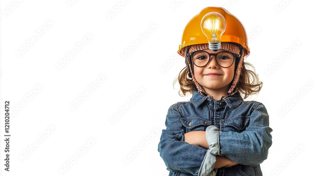 Smart child wearing funny helmet with illuminated lightbulb isolated on white background. Smart child wearing funny helmet with illuminated lightbulb isolated on white background.