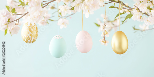 Unique hanging easter eggs on blooming flowers branch, aesthetic flowery easter background