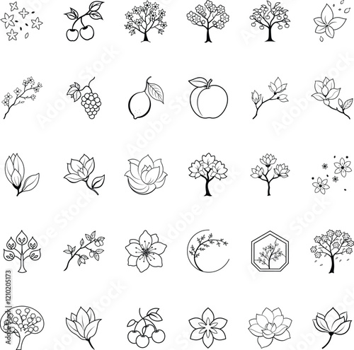 Simple Line Art Blossoms, Fruits, and Trees Botanical Icons