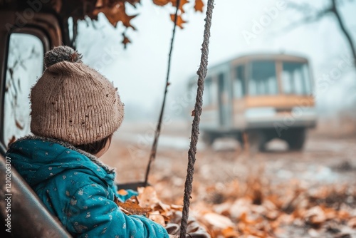 A child sitting alone on a swing in a quiet park, with autumn leaves scattered across the ground and no one else in sight