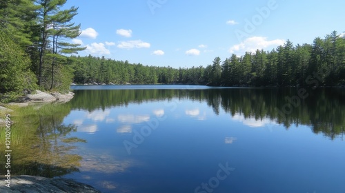 Calm lake reflecting trees under a bright sky in a tranquil natural setting