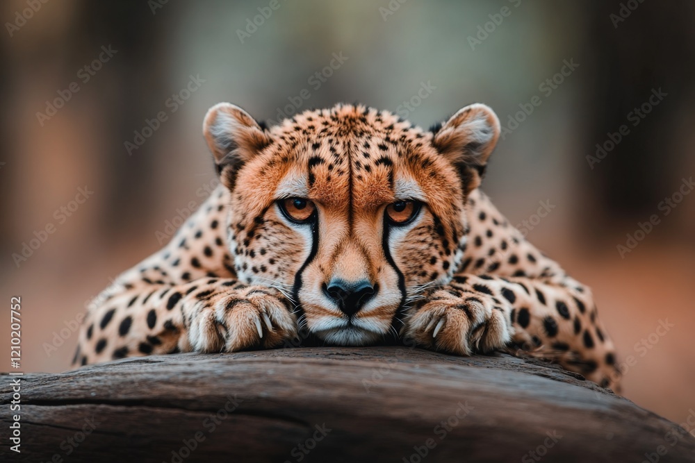 Fototapeta premium A close-up of a cheetah resting on a rocky platform, its piercing eyes focused intently on the distance