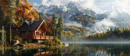 Cabin in the mountains by the lake. Great background for travelling, outdoor recreation and tourism.