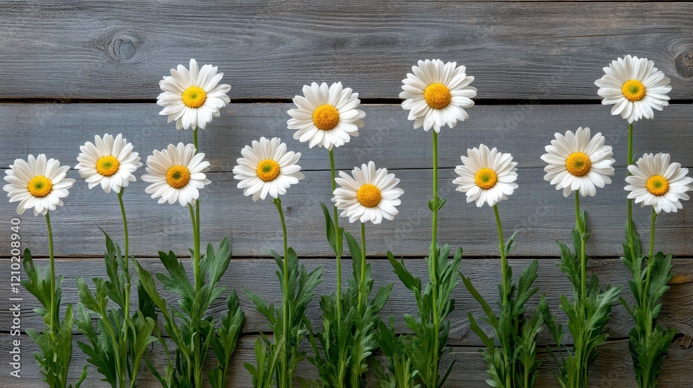 Fototapeta premium Ten White Daisies Arranged Against Gray Wooden Background Floral Spring Summer Nature Photography