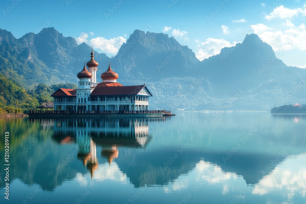 Fototapeta premium Stunning Mosque Lake Reflection Mountain Scenery