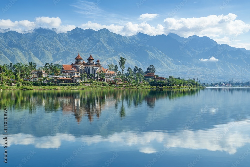 Serene Lake House Mountain View Scenic Landscape Serene Lake House Mountain View Scenic Landscape