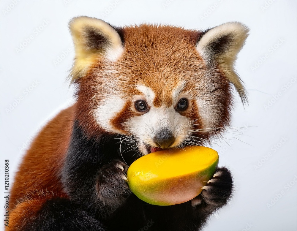 Obraz premium Roter Panda mit Mango – Charmantes Tier mit exotischer Frucht auf weißem Hintergrund